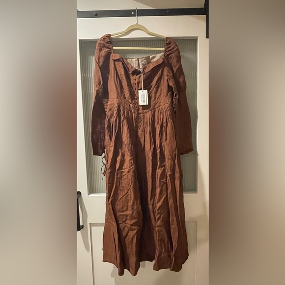 LINENNAIVE Nicola 33 Regency striped dress amber brown size large NWT - Picture 3 of 16